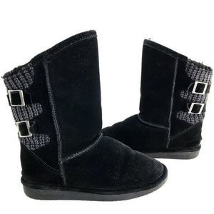Bearpaw Boshie Youth Size 5 Black Suede Knit Sheepskin Wool Buckle‎ Winter Boots